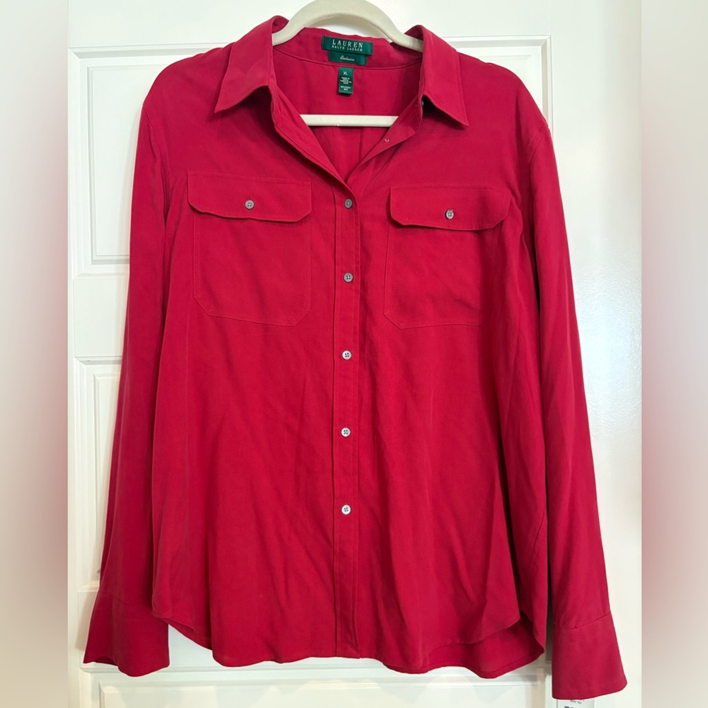 NWT Lauren Ralph Lauren 100% Silk Red Blouse Size XL